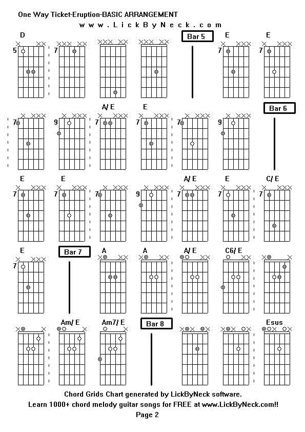 Chord Grids Chart of chord melody fingerstyle guitar song-One Way Ticket-Eruption-BASIC ARRANGEMENT,generated by LickByNeck software.
